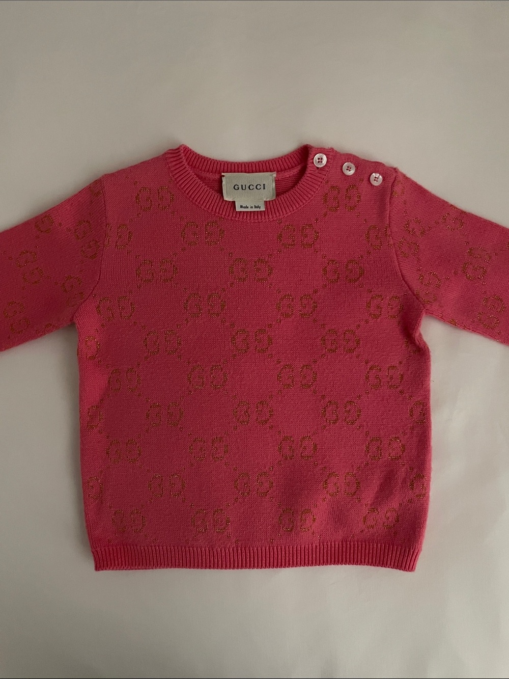 Gucci Pink GG Jacquard Crewneck Sweater with Shoulder Buttons Girl 18/24 Months